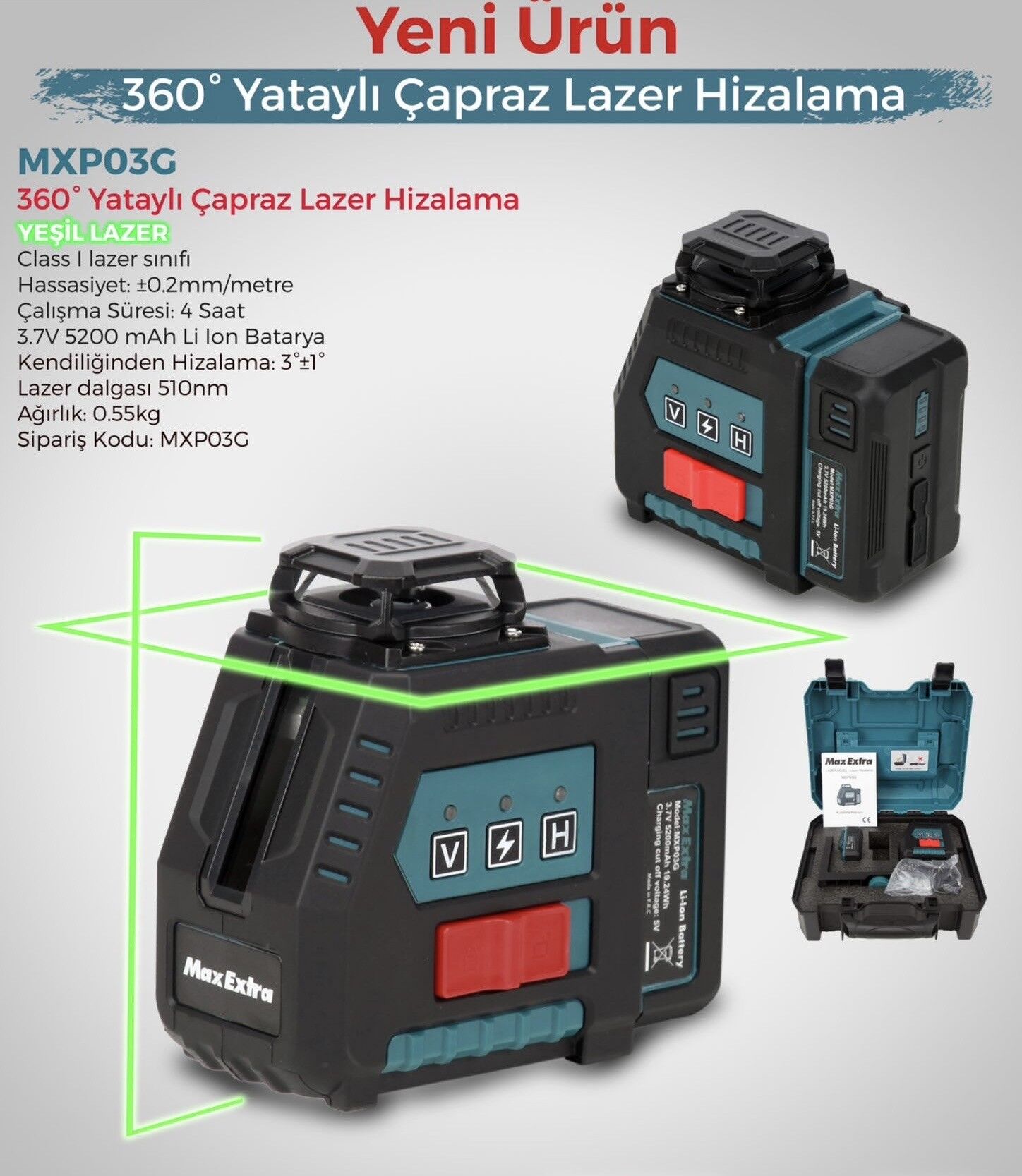 Max Extra MXP03G 360° Yataylı Çapraz Lazer Hizalama