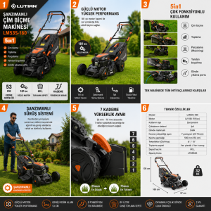 Lutian LM53S-180 53 CM 5in1 Şanzımanlı Benzinli Çim Biçme Makinesi