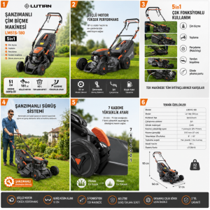 Lutian LM51S-180 51 CM 5in1 Şanzımanlı Benzinli Çim Biçme Makinesi