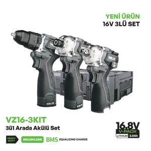 VOLTZ Voltz VZ16-3KIT 16.8V/2Ah. Somun Sıkma/Darbeli Vidalama/Darbeli Matkap 3'lü Set