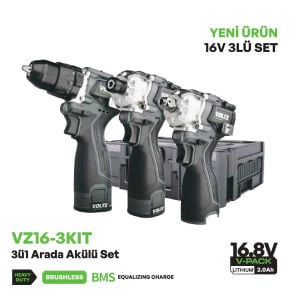 VOLTZ Voltz VZ16-3KIT 16.8V/2Ah. Somun Sıkma/Darbeli Vidalama/Darbeli Matkap 3'lü Set