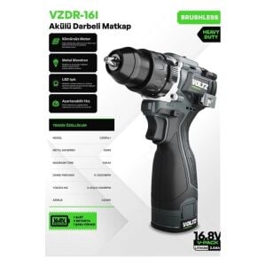 VZDR-16 Kömürsüz Akülü Darbeli Matkap 16,8 V 2 Ah. Çift Akü