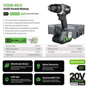 Voltz VZDR-20I Kömürsüz Şarjlı Darbeli Matkap 20 Volt 2 X 2 Ah
