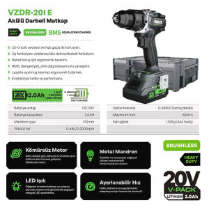 Voltz VZDR-20I Kömürsüz Şarjlı Darbeli Matkap 20 Volt 2 X 2 Ah